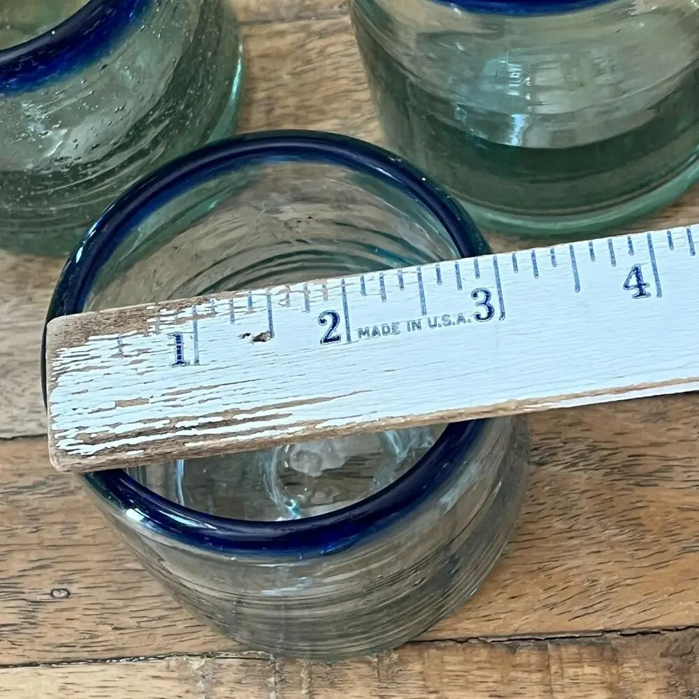 Hand-Blown Mexican Short Tumblers Set of 3 Clear Blue Rim